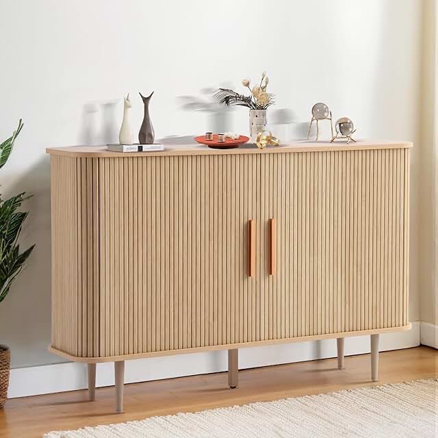 47" Sideboard Buffer Cabinet with Fluted Slide Doors, Tambour Storage Cabinet with Adjustable Shelves