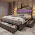 Upholstered Bed Frame With Adjustable Headboard,platform Storage Bed With 3 Drawers And Led Light
