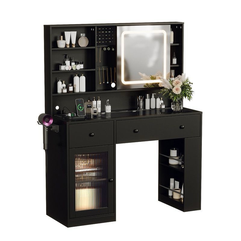 Black Particle Board Veneered With Textured Melamine, 2 Drawers, 1 Glass Door, Left And Right 2-Tier Shelves, Glass Tabletop, Dressing Table, LED Three-Color Dimmable Touch Square Mirror With Accessory Mirror Cabinet, With Power Strip, With Hair Dryer Hol