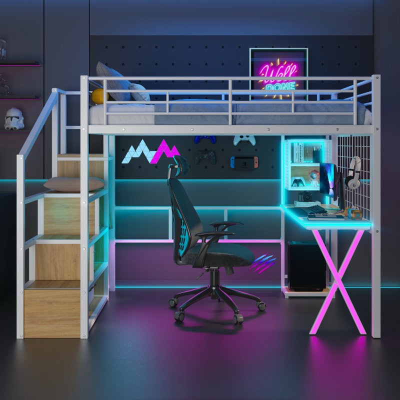 metal loft bed with built-in desk, storage staircase and led