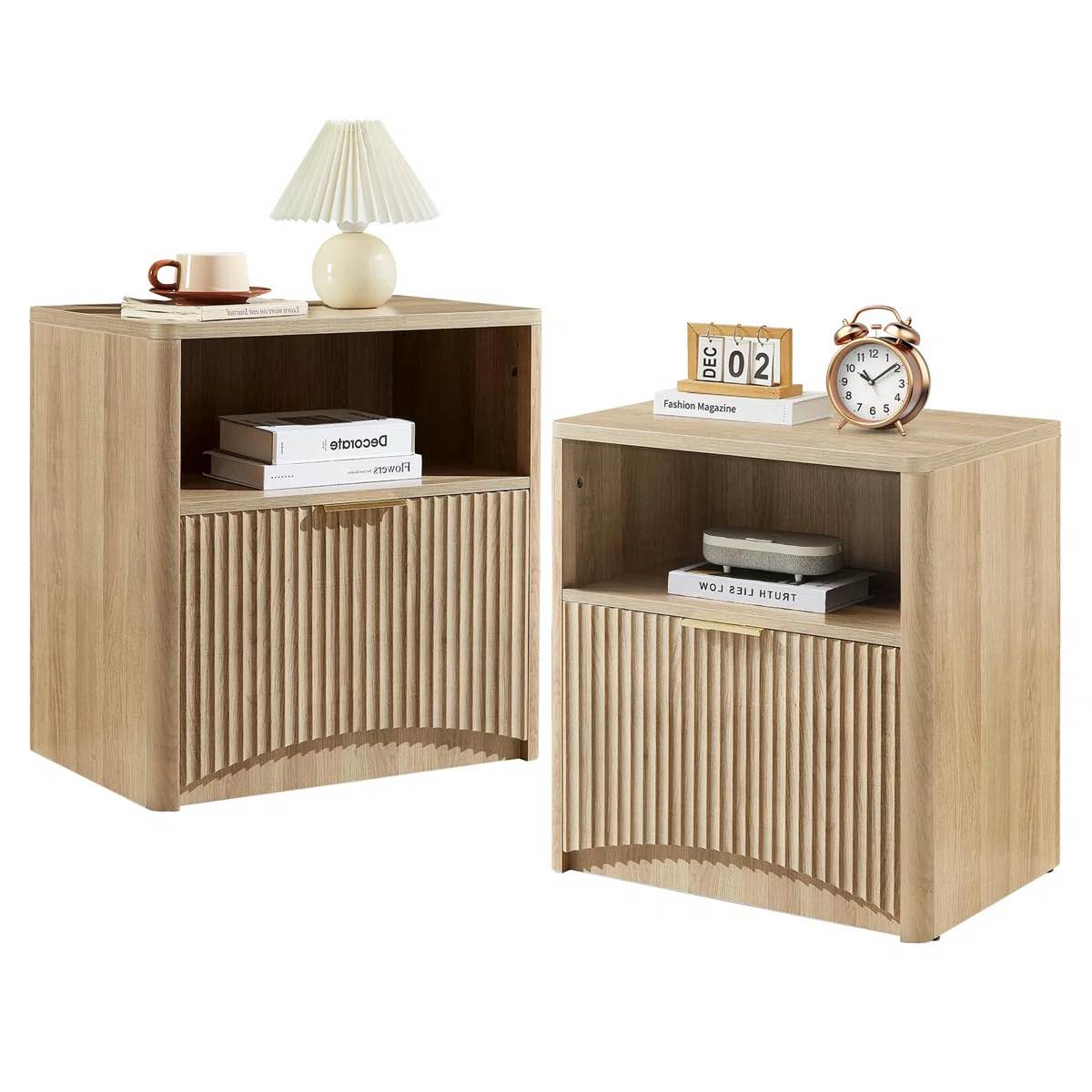 Mid Century Modern Nightstand With Drawers, Wood Fluted Bedside Table With Storage