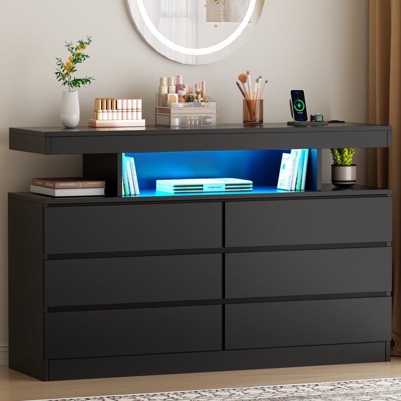 Adriel 6 Drawer 47.3" W Dresser With Power Outlet And Led Light