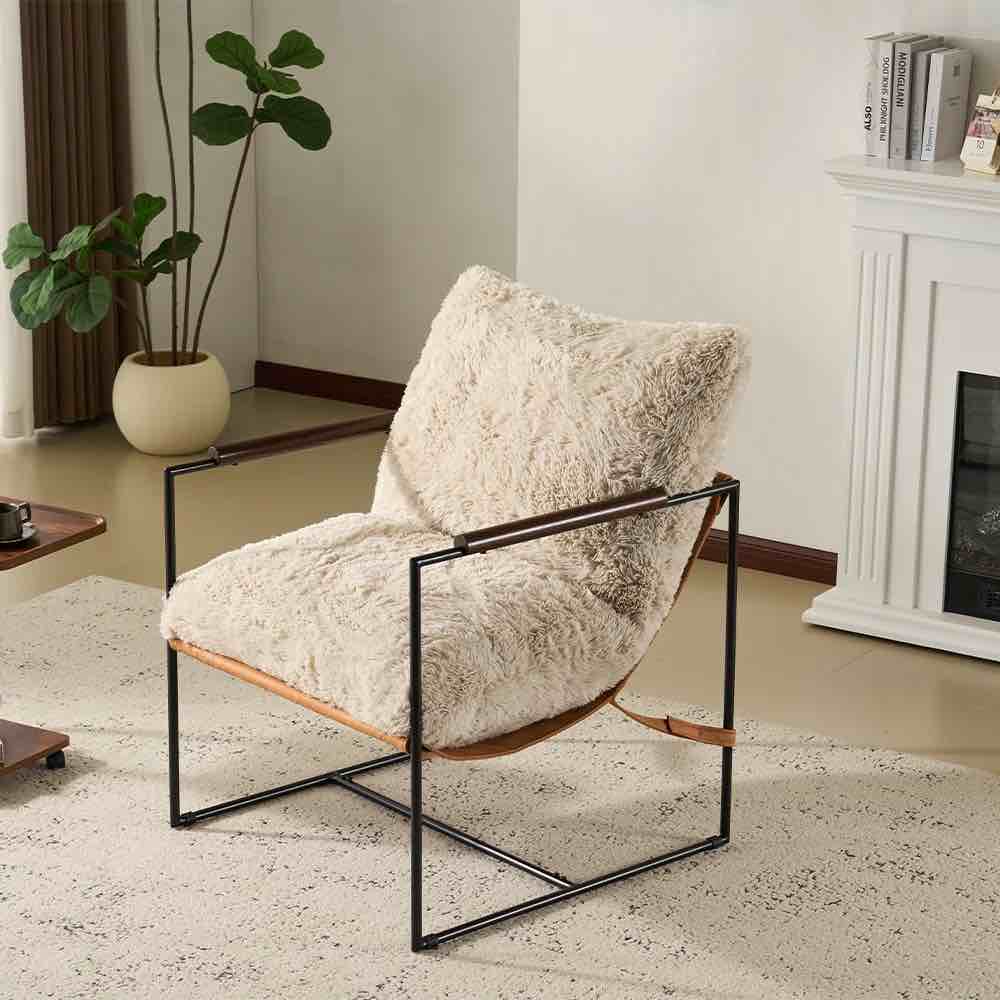 plush rabbit fur lazy chair - rubber wood arms, iron frame (living room/bedroom)