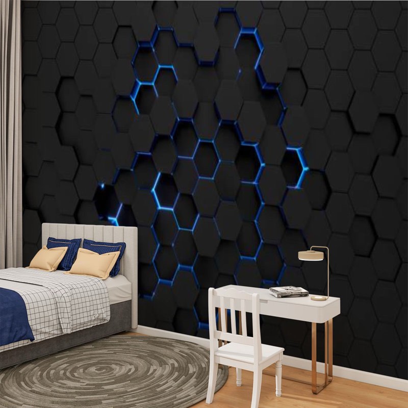 peel and stick canvas wallpaper wall mural technological hexagonal blue neon illumination wall art self adhesive and removable
