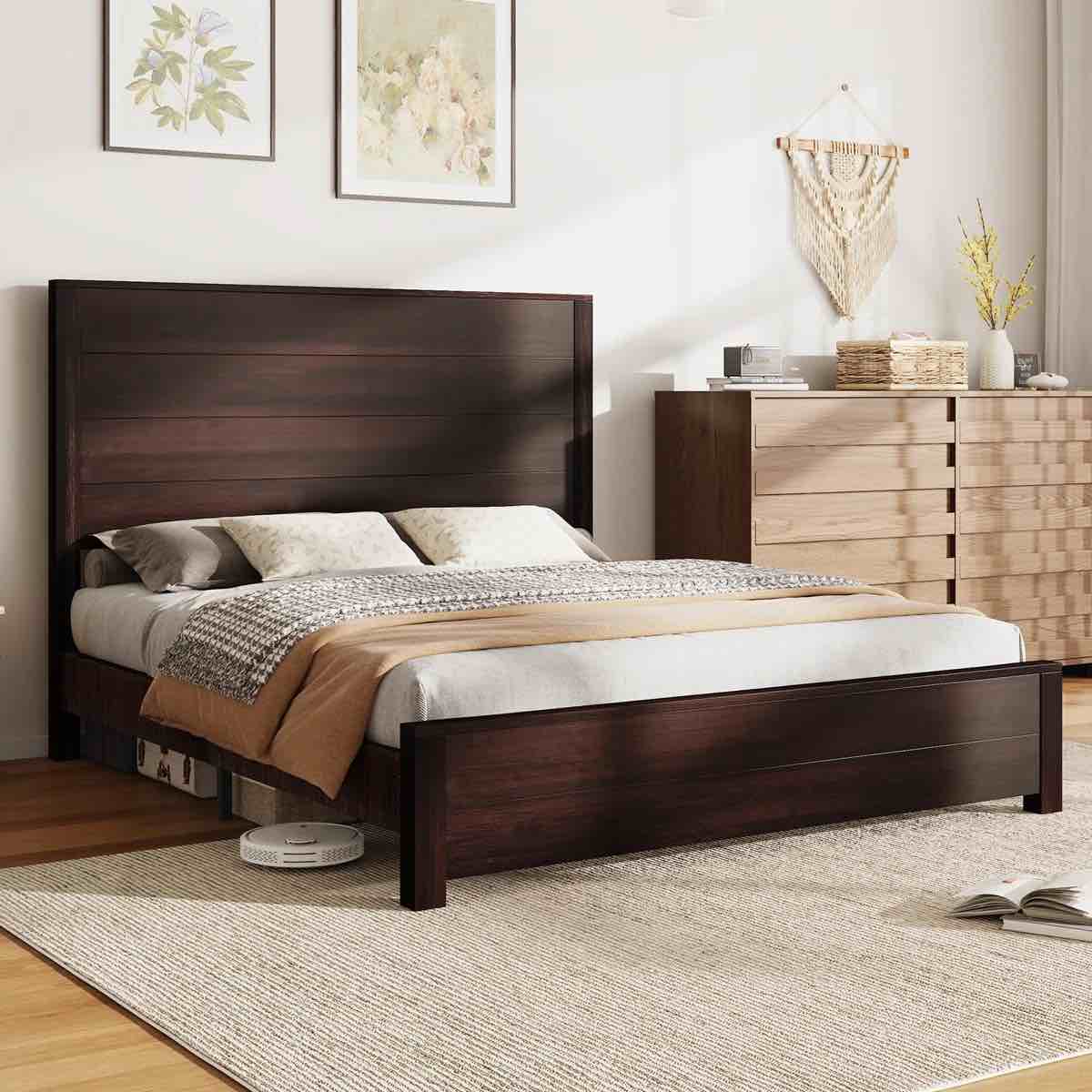 51.2" Solid Wood Bed Frame, Rustic Platform Bed With Spliced Headboard