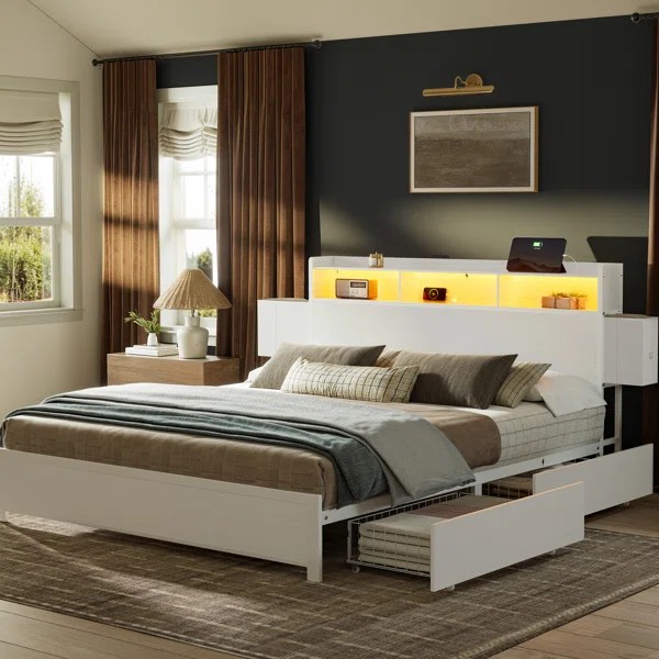 White Platform Bed with Headboard
