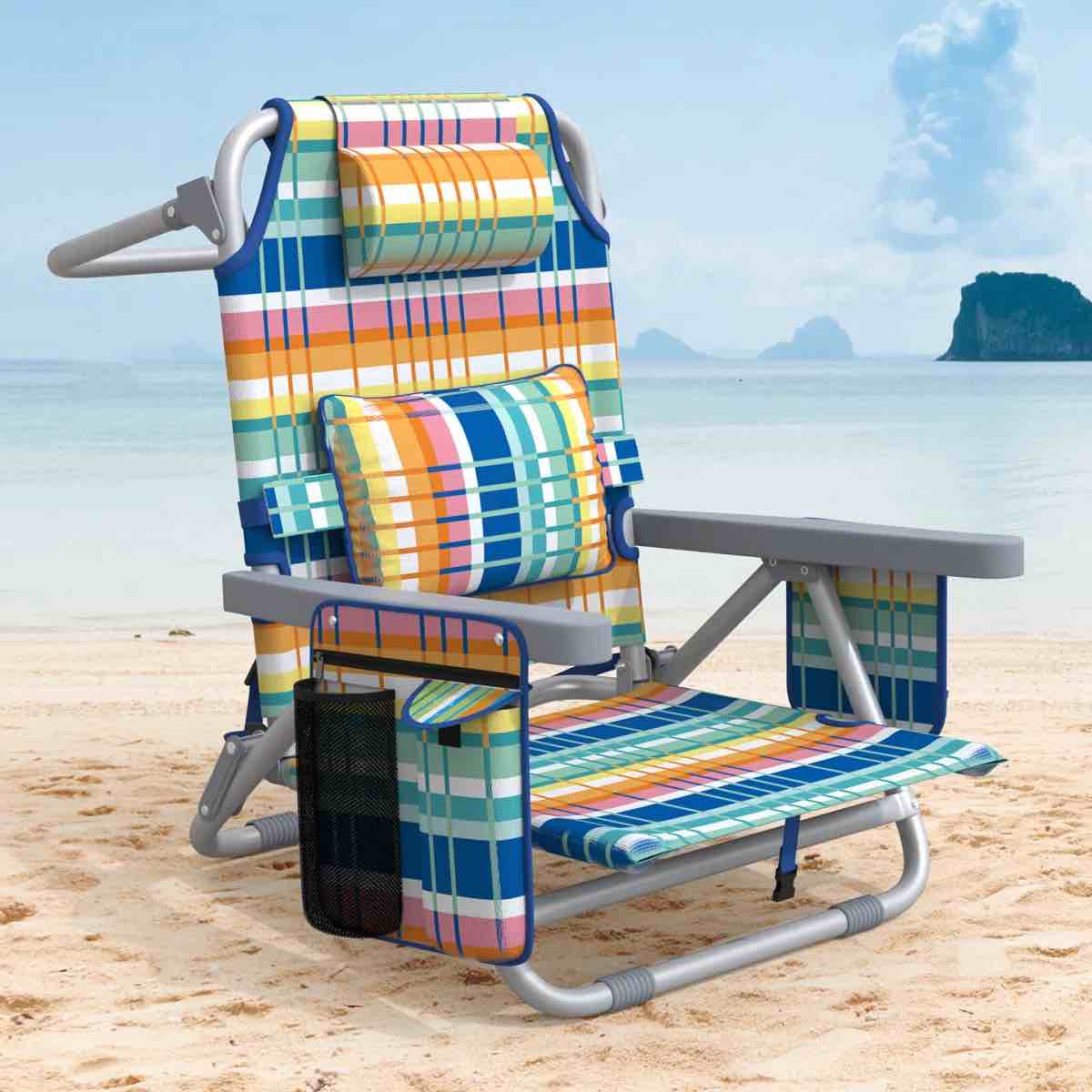 Backpack Beach Chair Reclining, Portable Folding Beach Chairs with 5 Adjustable Positions, Built-in Cooler \u0026 Backpack Straps