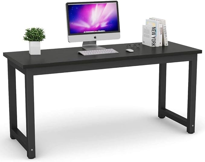 63 inch Large Office Desk Computer Table Study Writing Desk Workstation for Home Office, Black Metal Frame