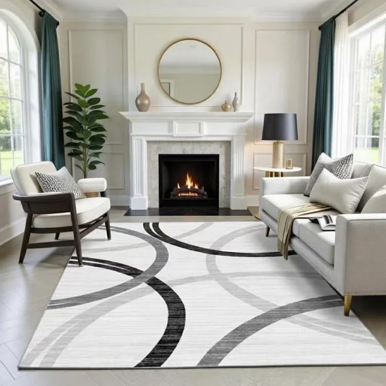 modern wave curve machine washable area rug in white