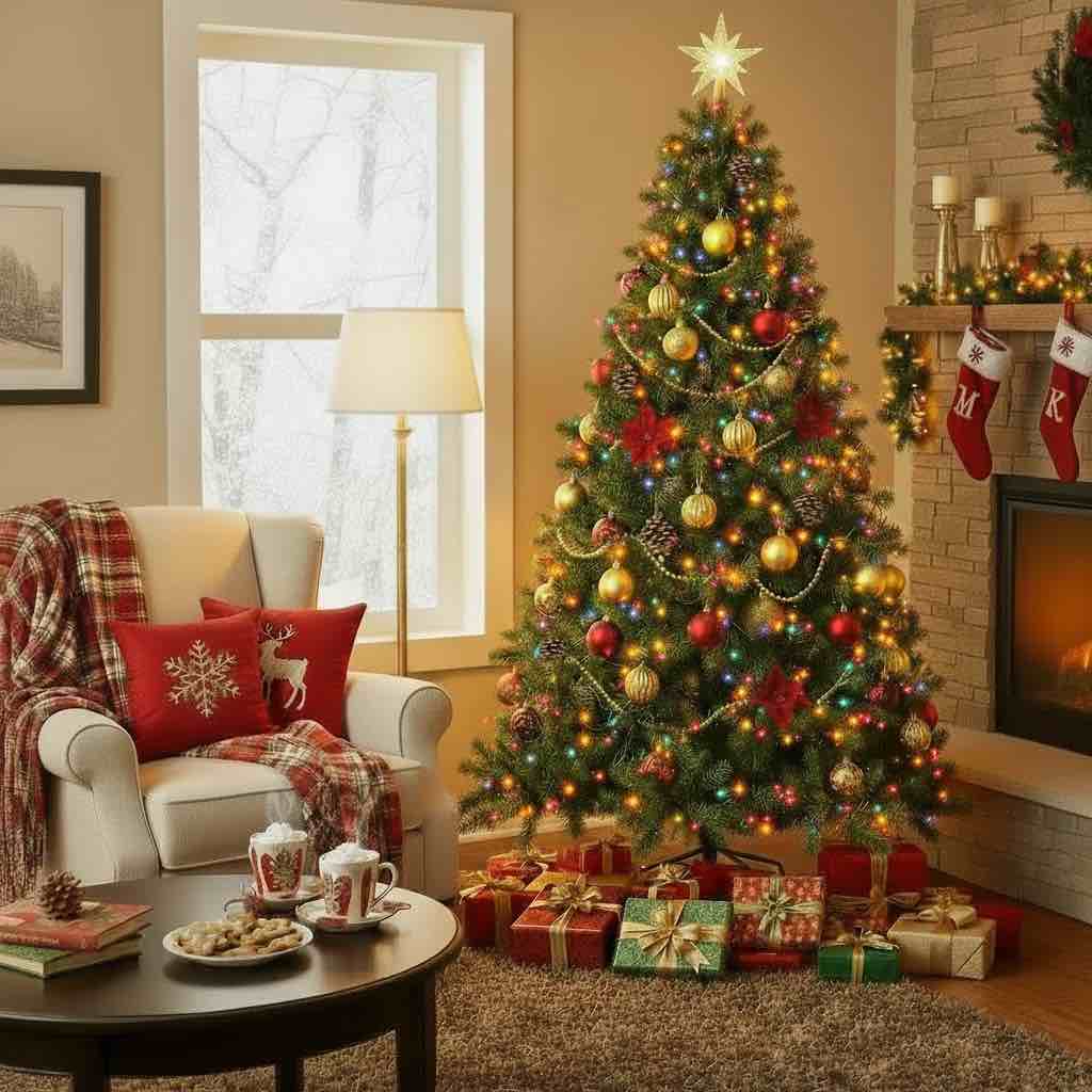 Lighted Christmas Tree with Lights for Home, Office, Party Decoration, Easy Assembly, Metal Stand