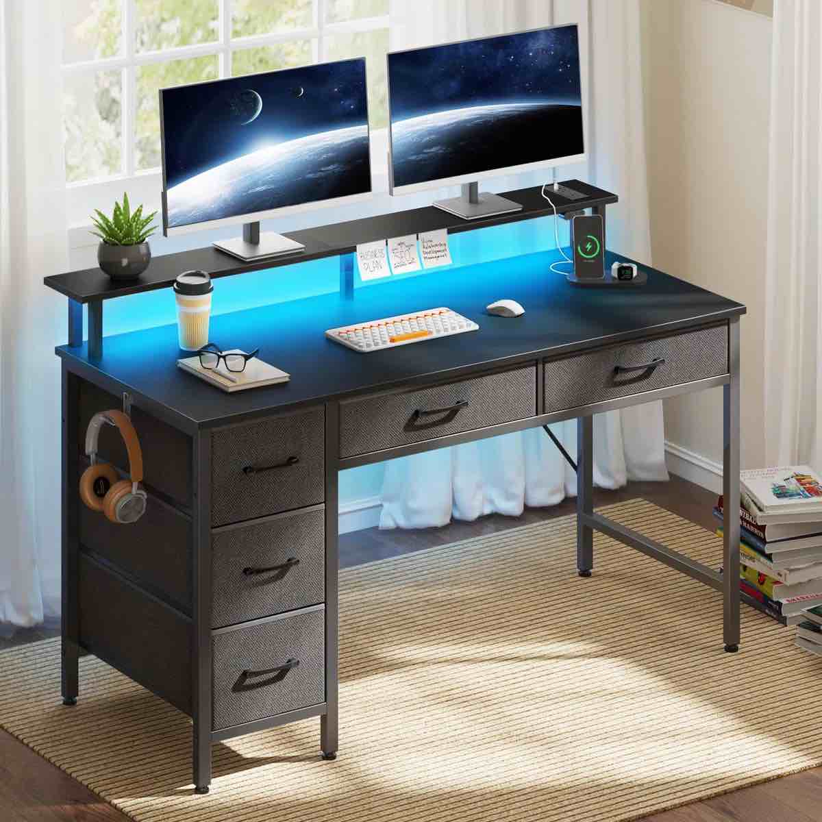 computer desk with monitor stand \u0026 charging station, gaming desk with led lights \u0026  drawers