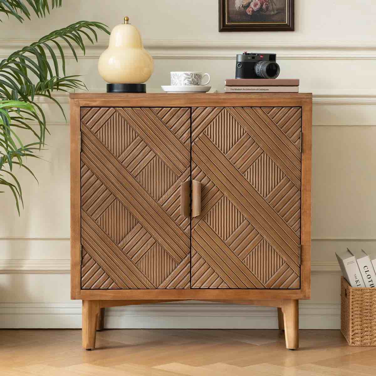 asante farmhouse 2-door solid wood handcrafted accent cabinet with wood handles,rich brown