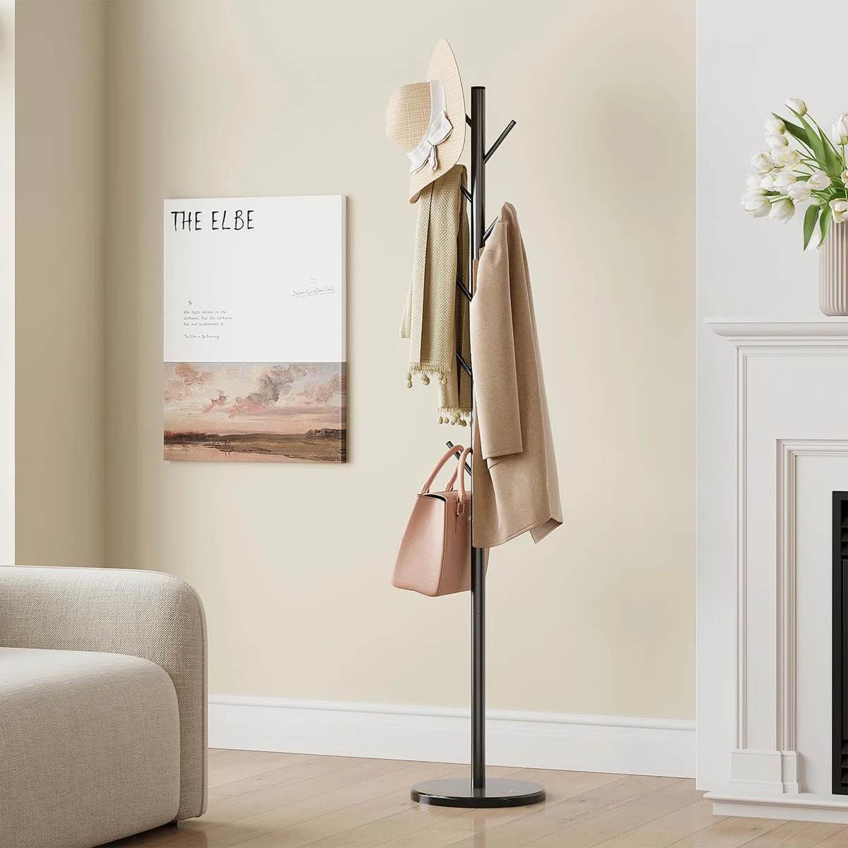 10-Hook Freestanding Adjustable Metal Coat Rack with Marble Base