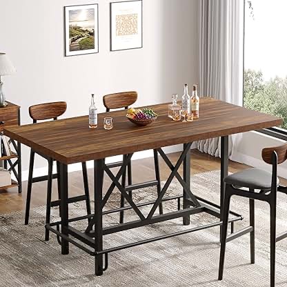 counter height bar table, 63-inch wooden pub table with metal footrest for dining kitchen breakfast