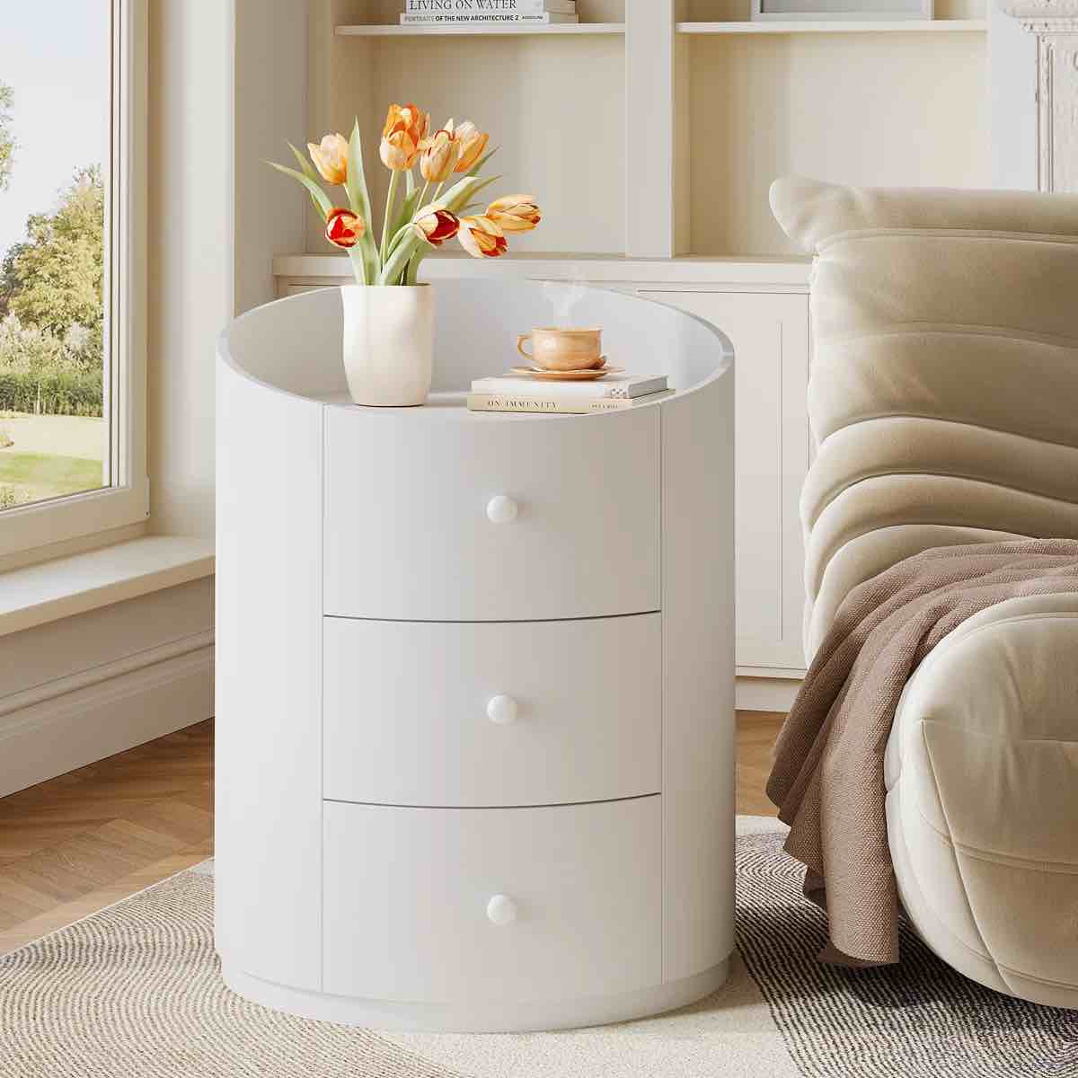 Round Nightstand with 3 Drawers, White Modern Bedside Table, Fully Assembled