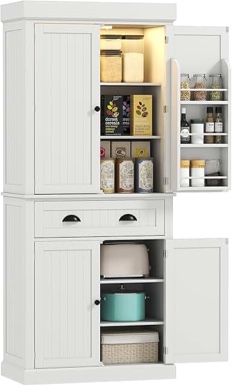 71" Kitchen Pantry Cabinet With Motion Sensor Light, Tall Storage Cabinet With 6 Door Shelves, A Drawer & 4 Adjustable Shelves, For Living Room, Dining Room