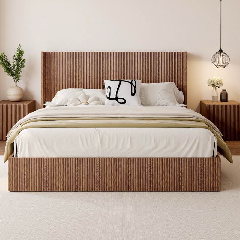 King Size Hydraulic Lift Storage Bed - Rustic Brown Wood Platform Bed Frame with 1000lb Capacity, No Box Spring Needed, American Artsy Design