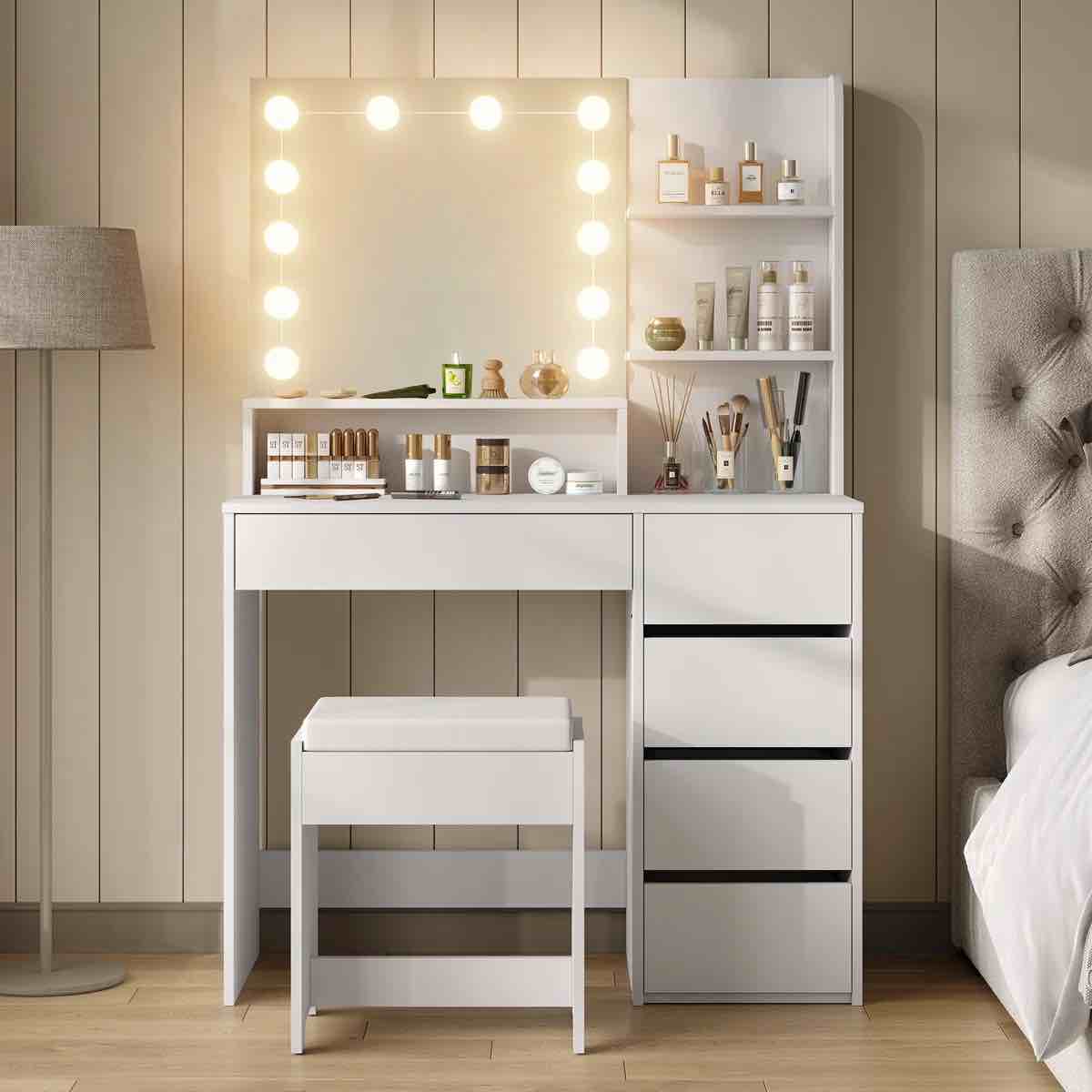 Shylo Makeup Vanity Desk with LED Lighted Mirror & 5 Drawers, Vanity Set with Stool for Bedroom
