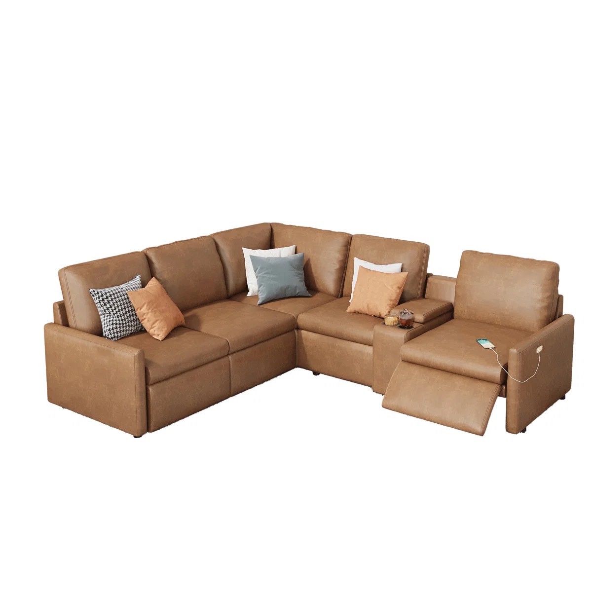 Power Recliner, Reclining Sectional Sofa With Console\u0026 Single Right Recliner, Leather Modular Sofa With Cup Holder\u0026 USB Port, L Shaped Couch For Living Room