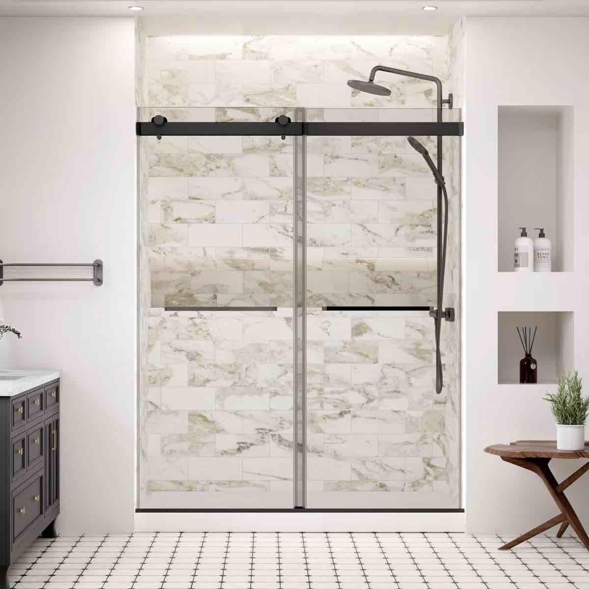60" w x 74" h double sliding frameless shower door with 5/16" tempered clear glass and soft close system, matte black