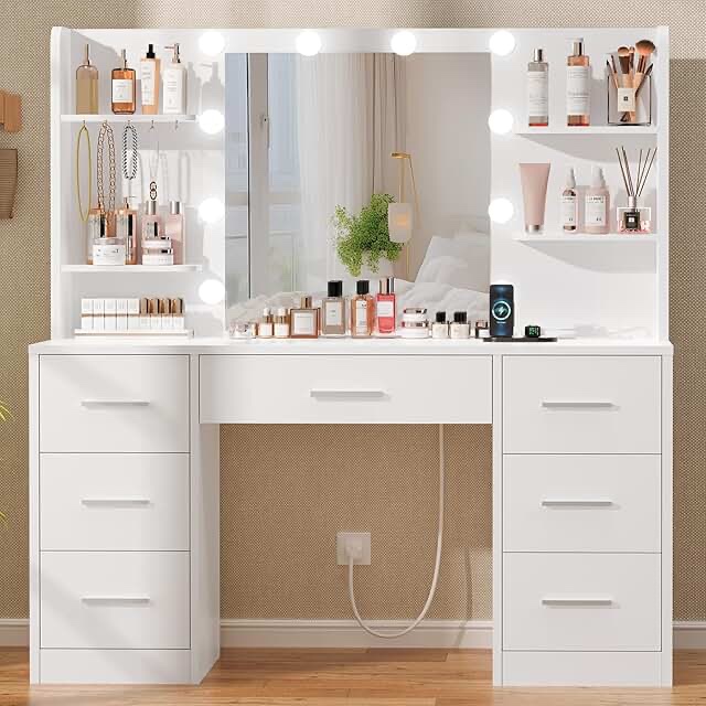dulane 47.2" w modern large vanity desk with 7 drawers, 4 shelves, led lighted mirror \u0026 power outlets