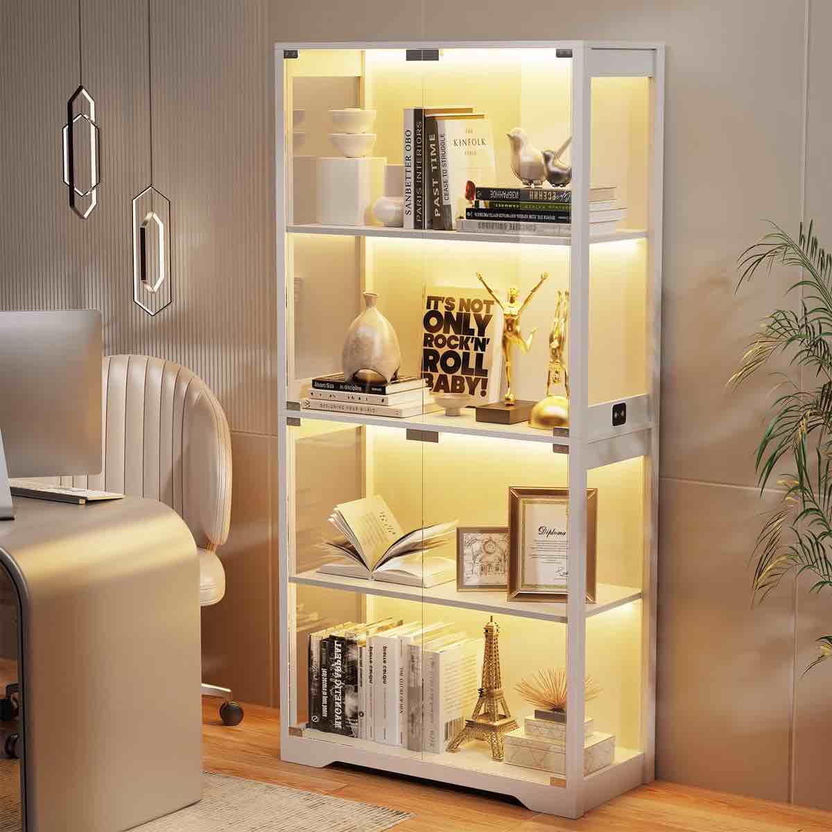 Glass Display Cabinet, Curio Cabinet, Bookcase with 3 Color LED Lights, White