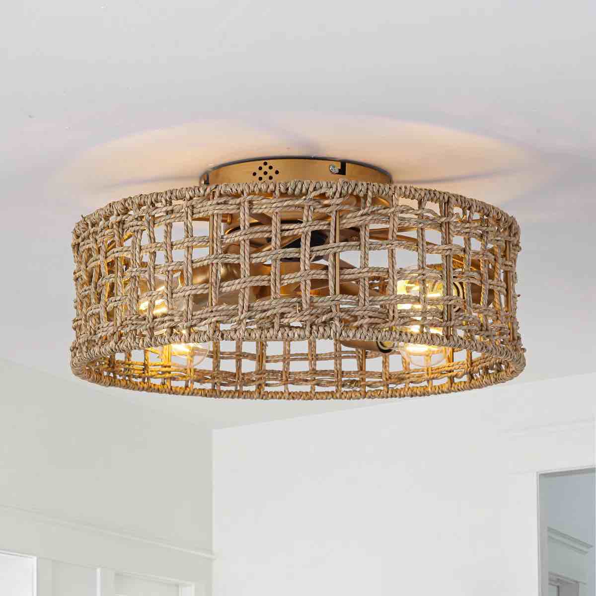 17.7" Rattan Caged Ceiling Fan With Light Kit And Remote Control