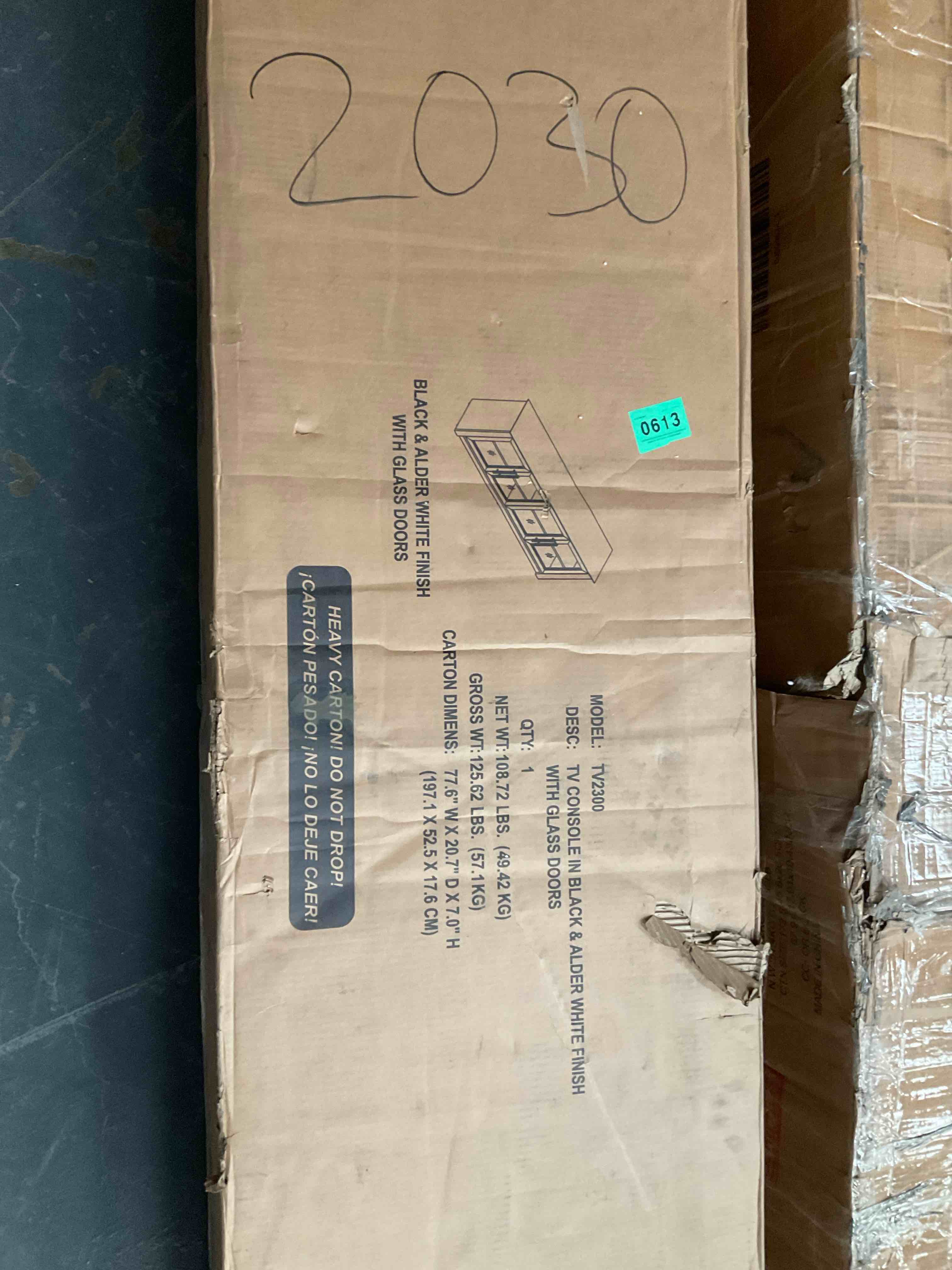 Condition photo showing Good Condition for Black and alder white finish with glass doors TV console