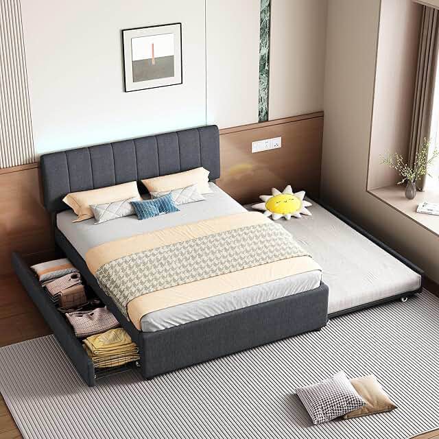 (box 3 of 3 )Full size bed with trundle and drawers color grey