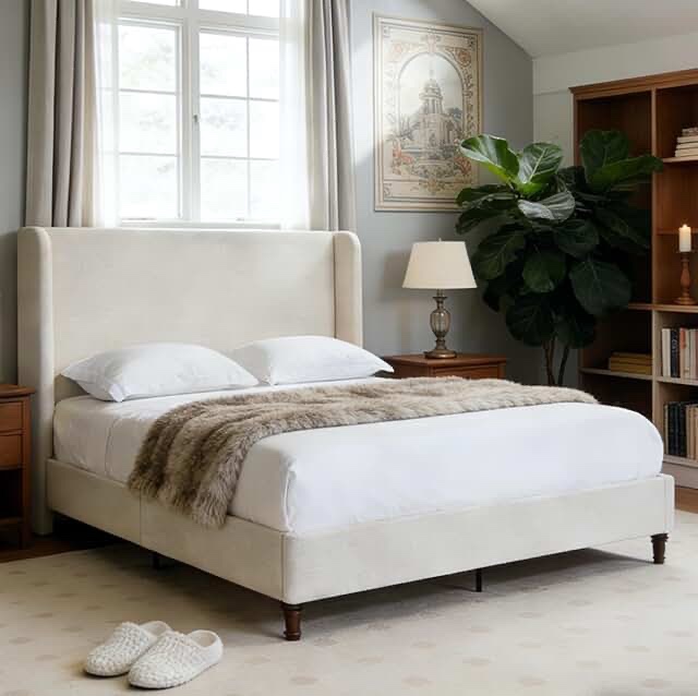 (not complete=box 2 of 2)eloria modern boucle upholstered bed frame with wingback headboard and solid wood base