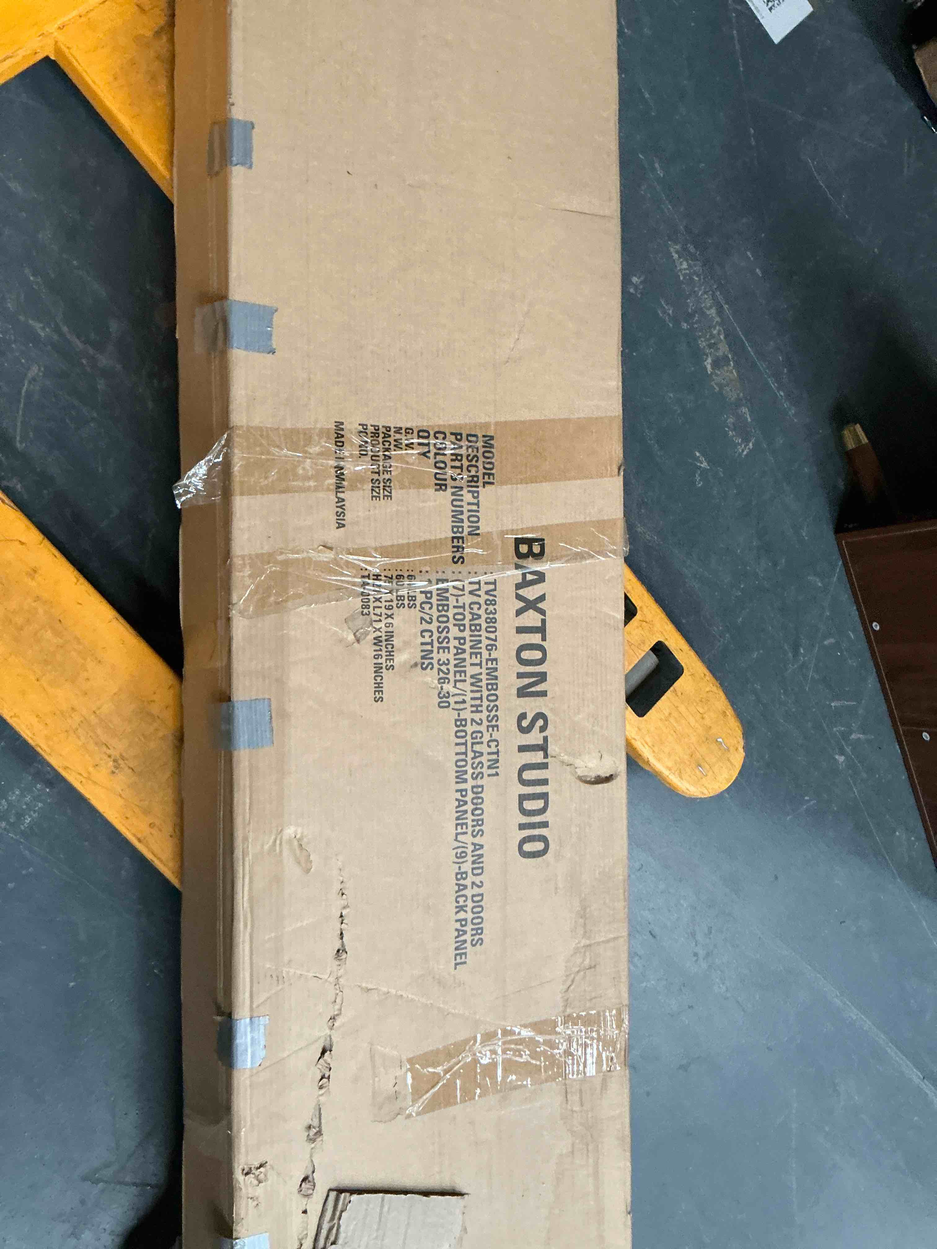 (is not complete only 1 box of 2 )baxton studio tv cabinet with two glass doors and two doors