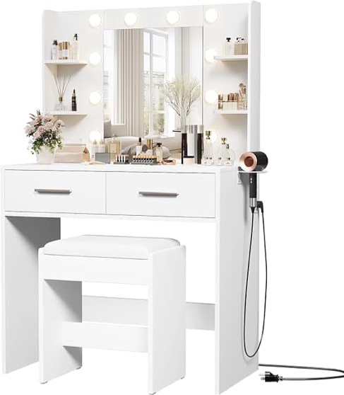 white vanity with upholstered bench