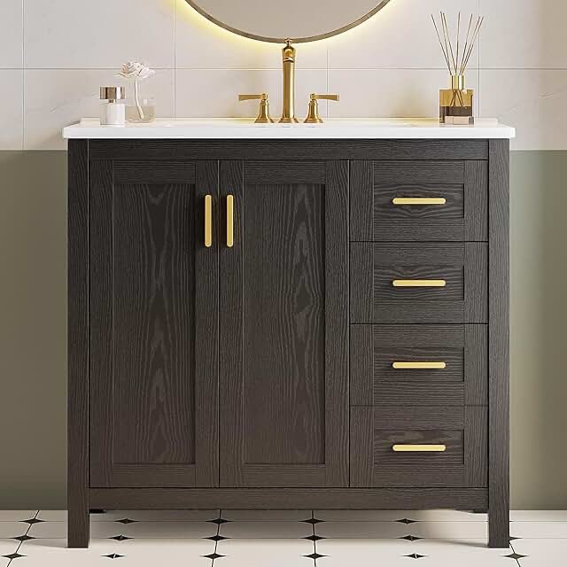 36" bathroom vanity with ceramic sink, black single sink vanity for bathroom with doors \u0026 drawers, built-in power outlet