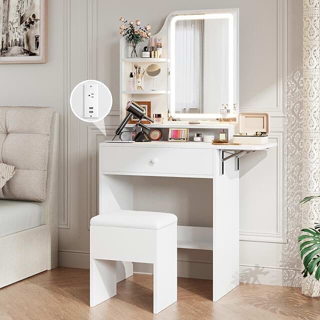 small makeup vanity desk with mirror \u0026 lights, charging station \u0026 stool, compact vanity set