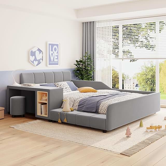 upholstered grounded bed, mother \u0026 child bed with bedside desk and little round stool, velvet