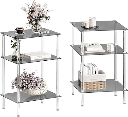 Acrylic Record Player Table with Storage Shelf, Clear Side Table Nightstand