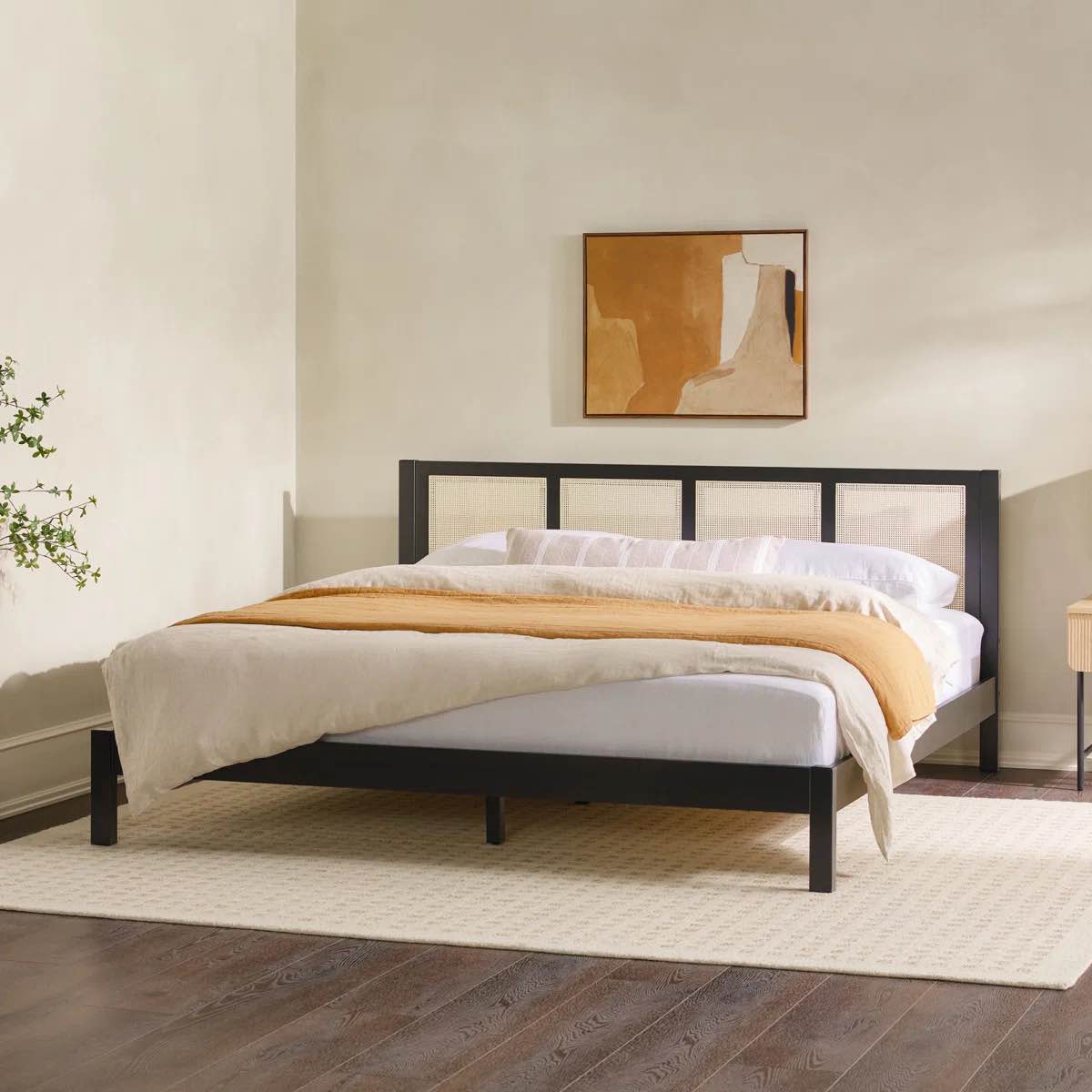 Naarden Solid Wood Rattan Paneled Platform Queen Bed (Box 1 Of 2)