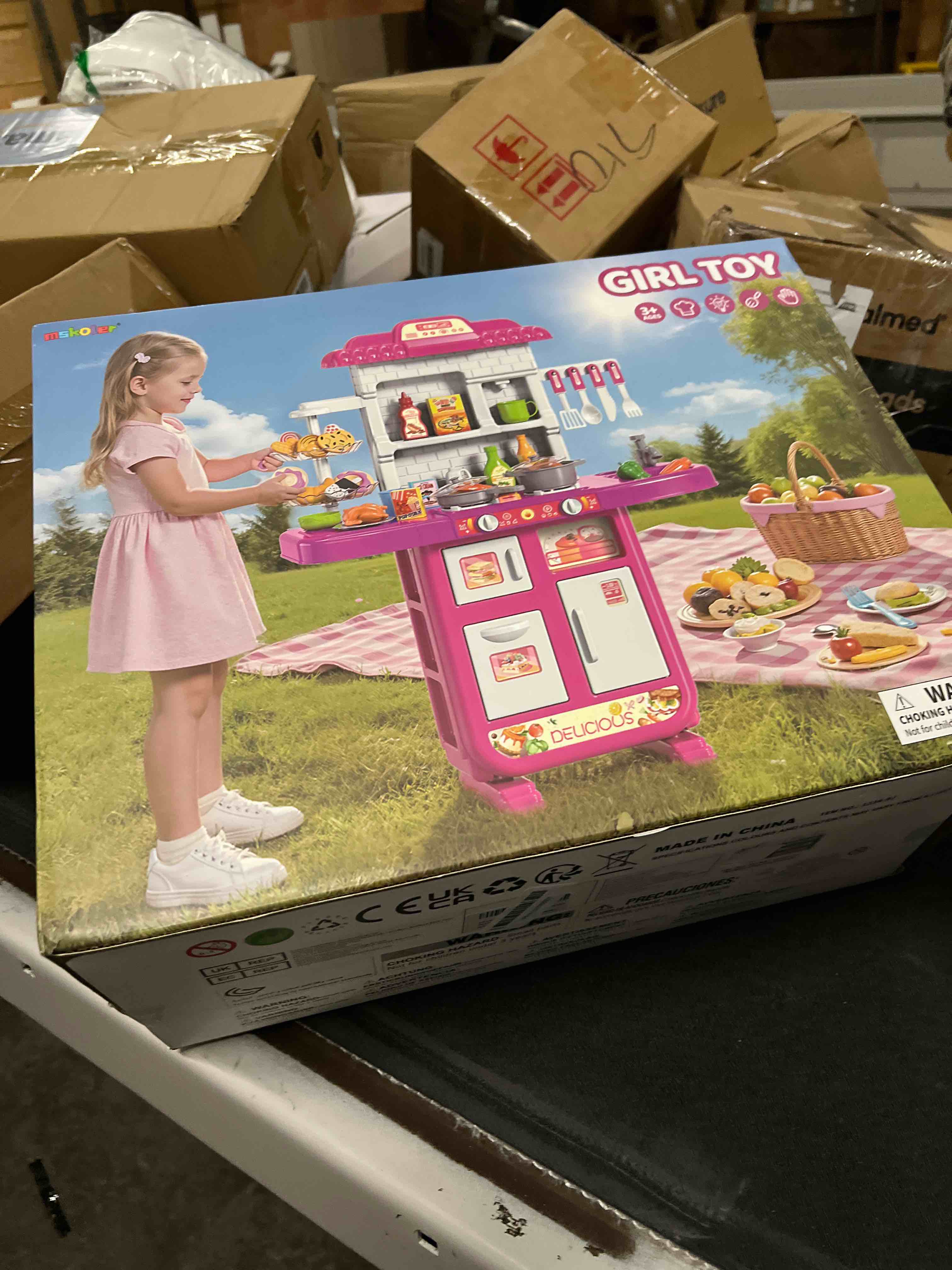 Condition photo showing Good Condition for Kids Kitchen Playset for Ages 3-6 4-8, Play Kitchen with Light, Sound and Spraying, Sink Toy Accessories, Cooking Stoves, Pretend Food Toys for Toddlers 3-5 Boys Girls 6-12 Red Kitchen