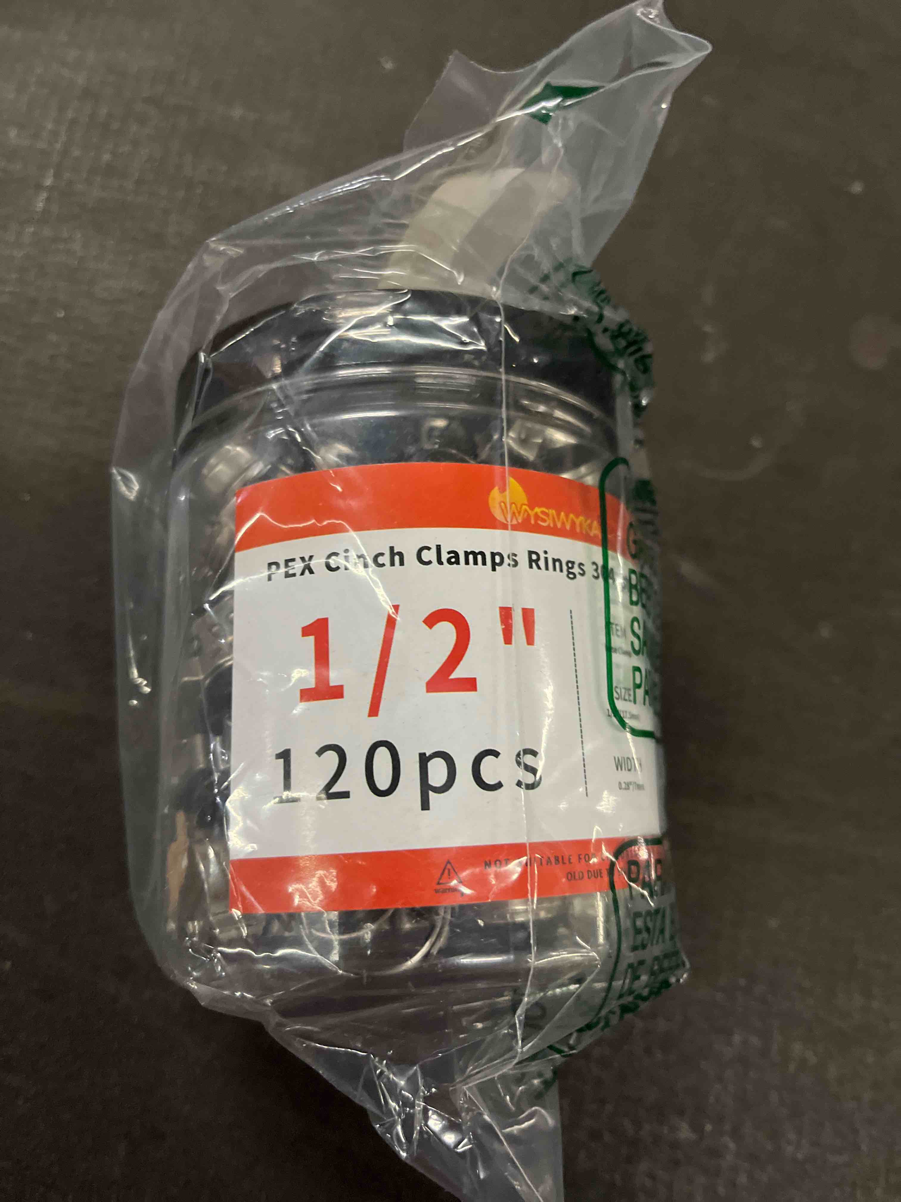 Condition photo showing Good Condition for 120pcs 1/2 inch PEX Cinch Clamps Rings, 304 Stainless Steel Single Ear Hose Clamps, Heavy Duty Pex Crimp Rings for PEX Tubing Pipe Fitting Connections 1/2 inch 120 Pcs