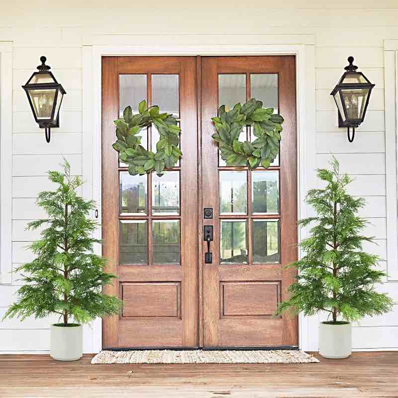 2Pcs 3Ft Cedar Topiary Trees in White Planters,UV-Resistant Faux Evergreen Outdoor Indoor Decor,Artificial Cedar Christmas Porch Trees for Home Garden Farmhouse