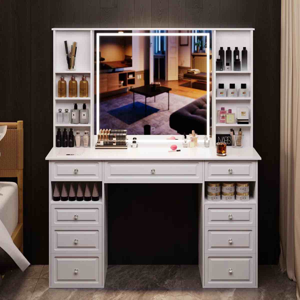 vanity with hd lighted mirror, makeup vanity desk with facial mask box, dressing table with bluetooth speaker, makeup vanity set with wireless charger, 9 drawers,
