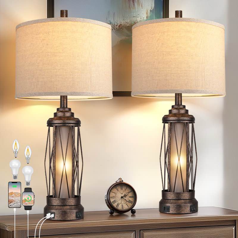 farmhouse table lamps for living room, rustic nightstand lamp for bedroom with usb c+a charging ports, built-in frosted glass night light for entryway end table, 4 bulbs included, bronze