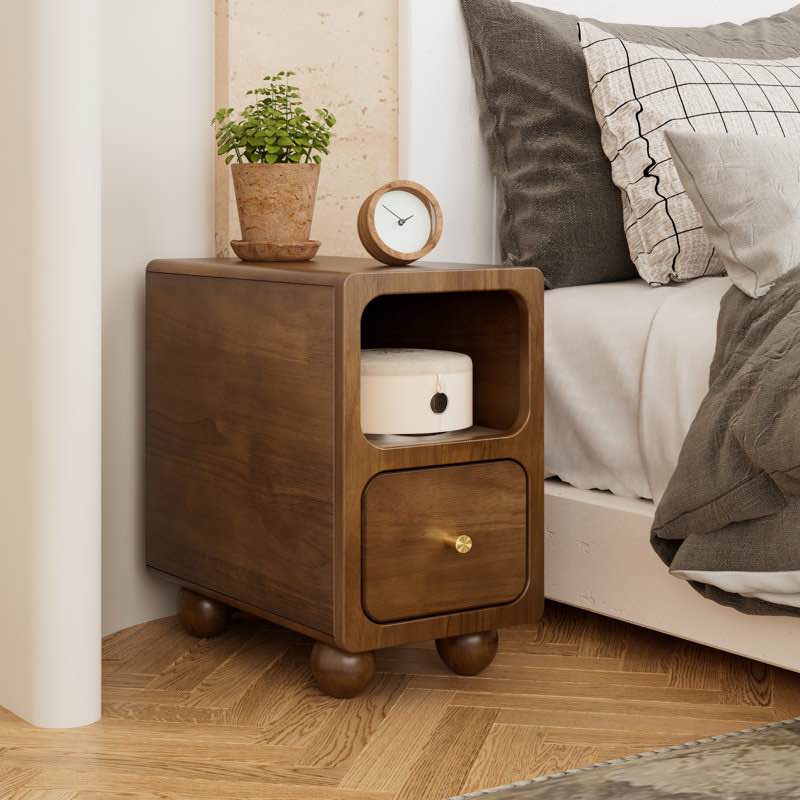 10 inch narrow solid wood nightstand - with drawers \u0026 open storage, mid century modern style for bedroom