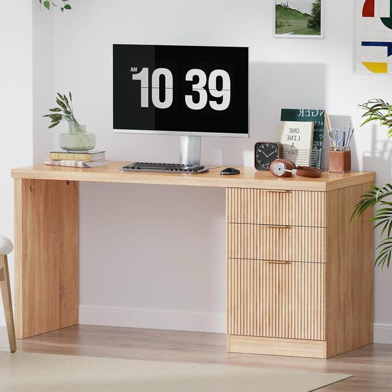 60\u0027\u0027 Fluted Executive Desk with Drawers,Wood Home Office Desk with Storage Modern Fluted Computer Writing Desk for Study, Living Room, Bedroom,Natural Oak