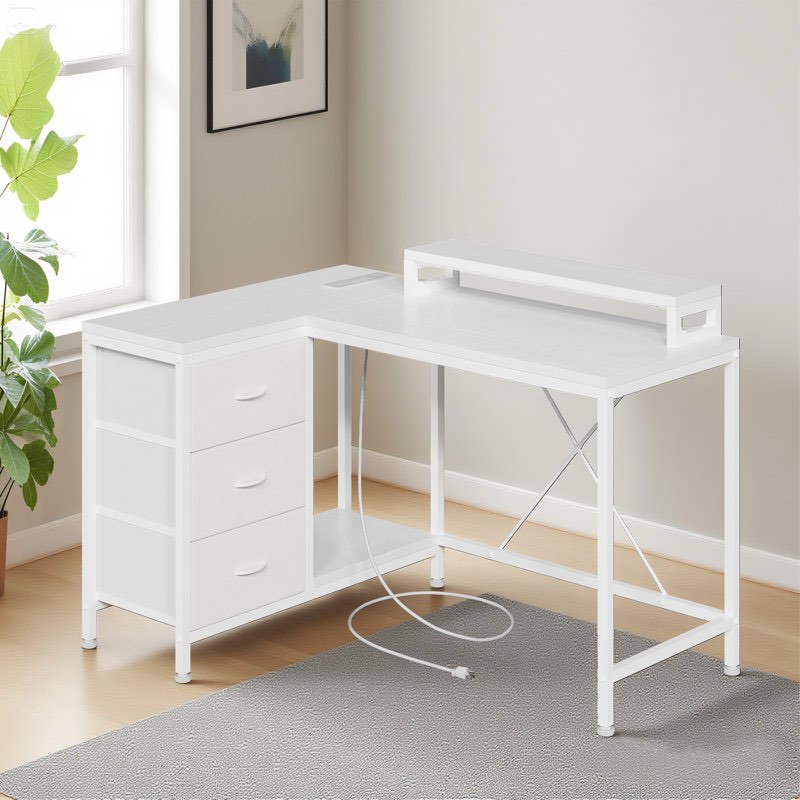 47 inch l shaped computer desk with power outlets and led lights, 3-drawer