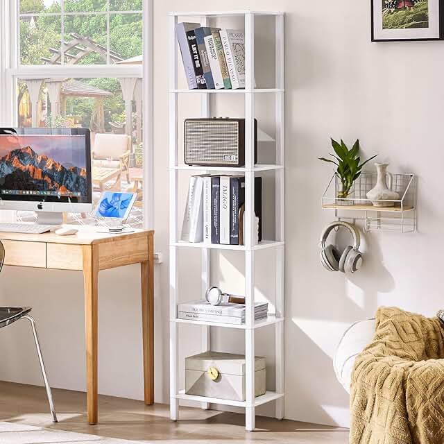 Auzie 6 -Tier Tall Narrow Storage Shelves Media Bookcase, Slim Freestanding Bookshelf, Perfect for Home Office and Living Room Storage