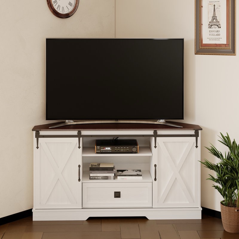 Corner TV Stand For 65 Inch TV - With Sliding Barn Door - Wood Entertainment Center - Media Console Cabinet - 58"X16"X31.5"H