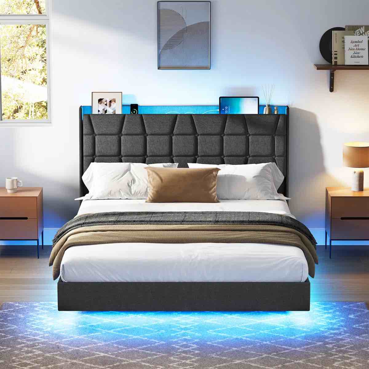 floating bed frame with led lights, charging station, tufted storage headboard, no box spring needed
