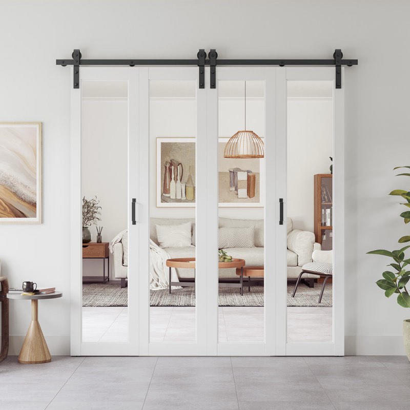 Manufactured Wood and Glass Mirrored Paneled Double Bi-fold Barn Door with Installation Hardware Kit