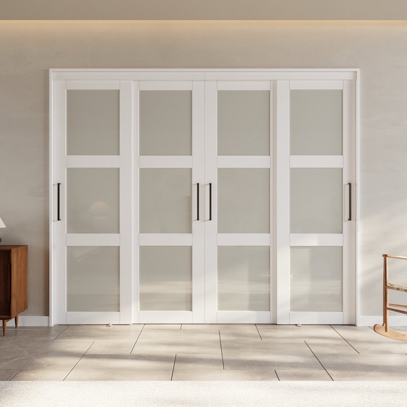 80" Assembled White Prefinished 3-Lite Tempered Frosted Glass Sliding Door Room Divider with Hardware & Handles